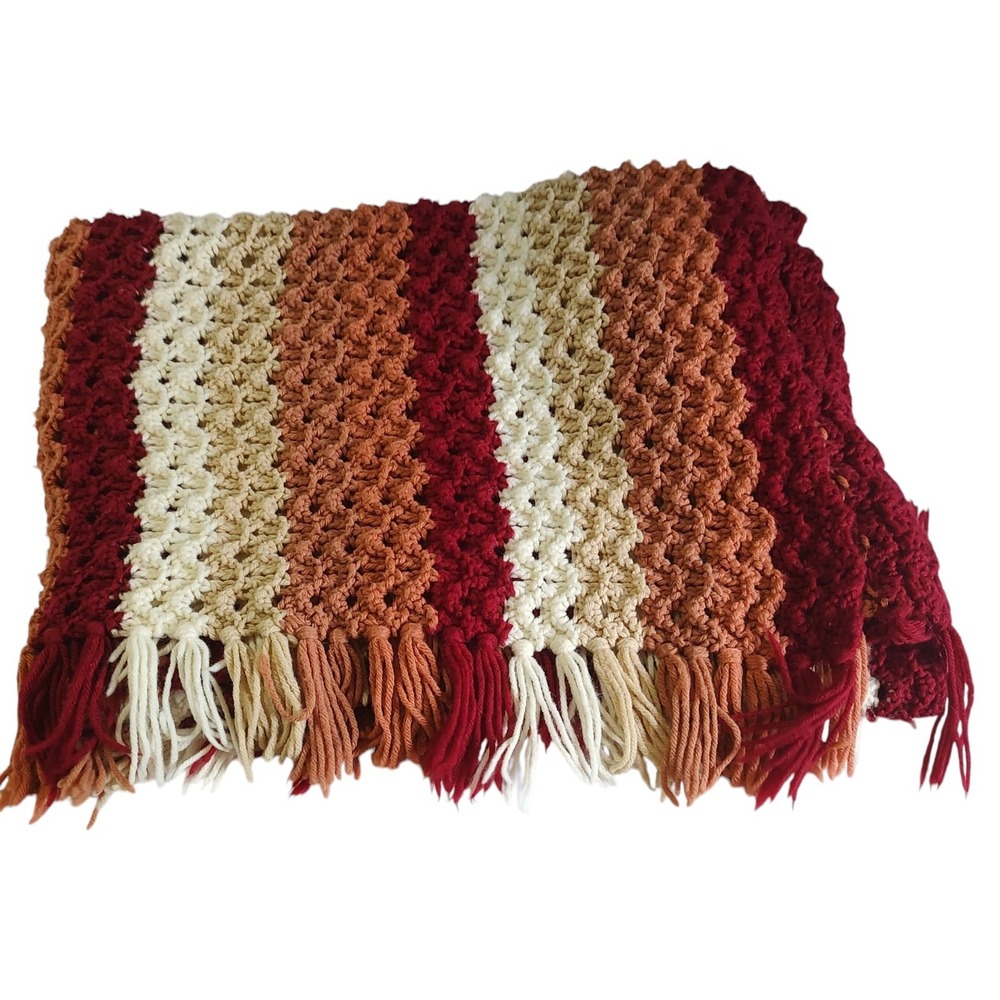 Vintage Crochet Handmade Afghan Throw Blanket Rust Orange Tan Beige 73x42 In